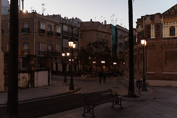 A serene evening view of a cobblestone square in Cadiz, featuring glowing street lanterns, classic architecture, and tall palm trees at dusk.