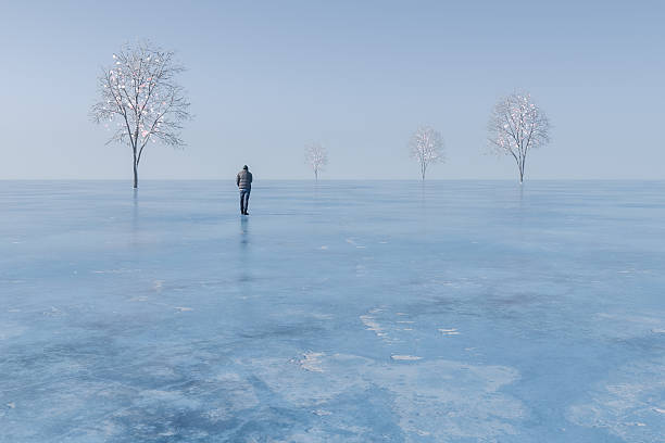 Man walking in surreal winter landscape. 3D generated image.