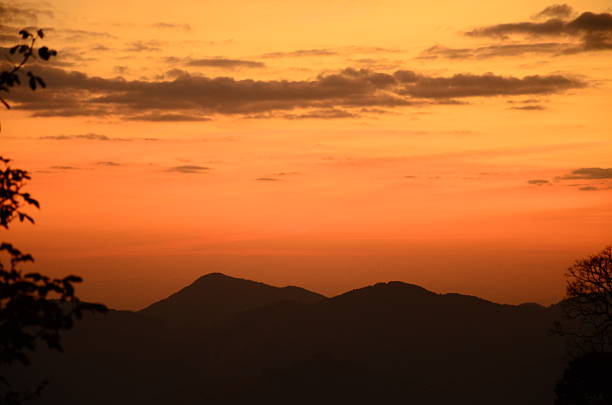 Beautiful sunset landscape photography featuring golden hour sky with warm orange and red tones. Scenic nature scenes with tree silhouettes against vibrant sunset sky. Perfect for travel, nature, and environmental design projects. Stunning natural light photography capturing the beauty of dusk and evening sky.