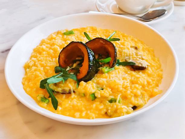 european and mediterranean cuisine styled concept - mushroom risotto recipe, elegant visuals