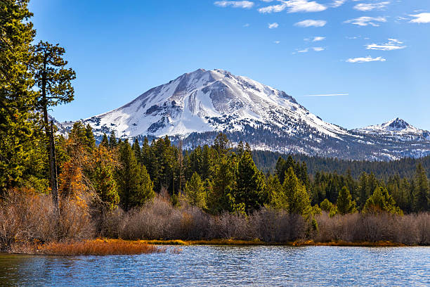 Snowy Lassen Peak rises behind Manzanita Lake within Lassen Volcanic National Park California
