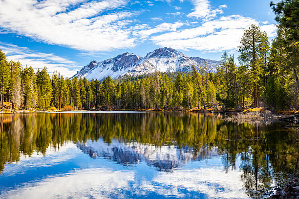 Snow covered Lassen Peak reflects in calm Manzanita Lake at Lassen Volcanic National Park California