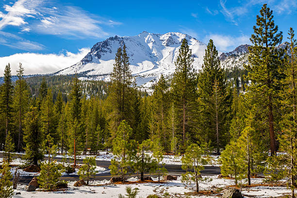 Snowy Lassen Peak rises above the landscape within Lassen Volcanic National Park California