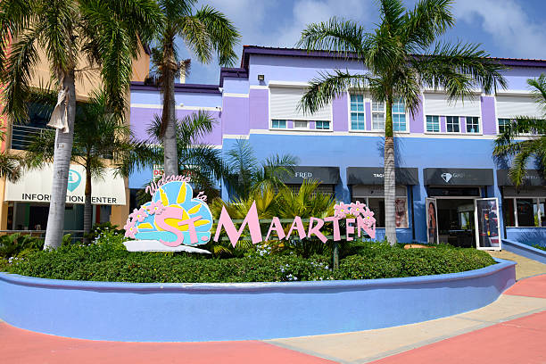 Philipsburg, Sint Maarten - July 23, 2025: .The iconic St. Maarten Port Sign in bold lettering and vibrant colours at the cruise terminal on a sunny day.