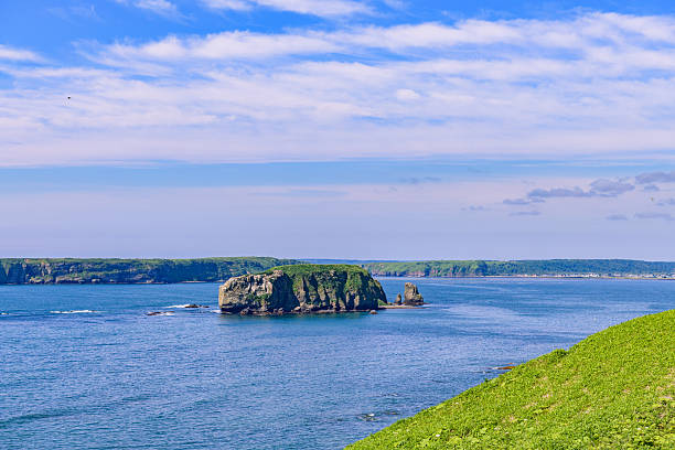 Wide coastal view from Cape Azechi in Hamanaka Town, eastern Hokkaido. Includes Kenbotsukito Island, small islets, the Pacific Ocean, and the surrounding nature under a clear blue summer sky.