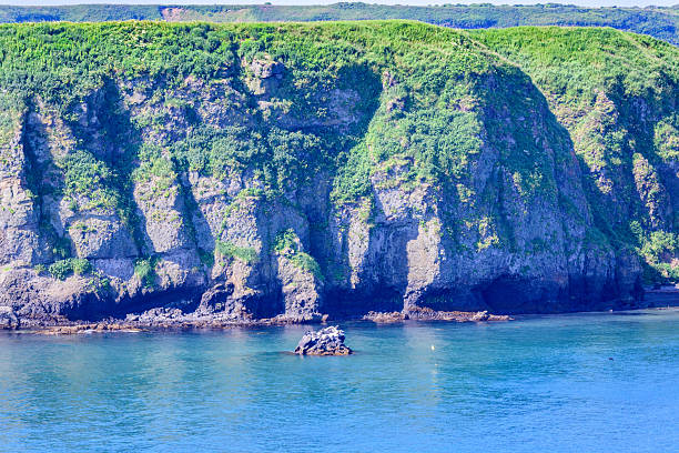 Wide coastal view from Cape Azechi in Hamanaka Town, eastern Hokkaido. Includes Kenbotsukito Island, small islets, the Pacific Ocean, and the surrounding nature under a clear blue summer sky.