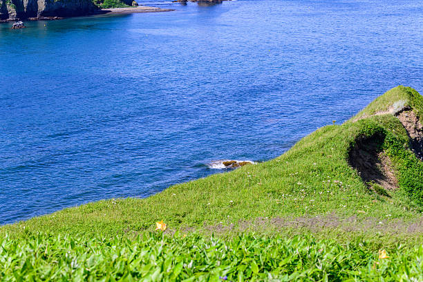 Wide coastal view from Cape Azechi in Hamanaka Town, eastern Hokkaido. Includes Kenbotsukito Island, small islets, the Pacific Ocean, and the surrounding nature under a clear blue summer sky.