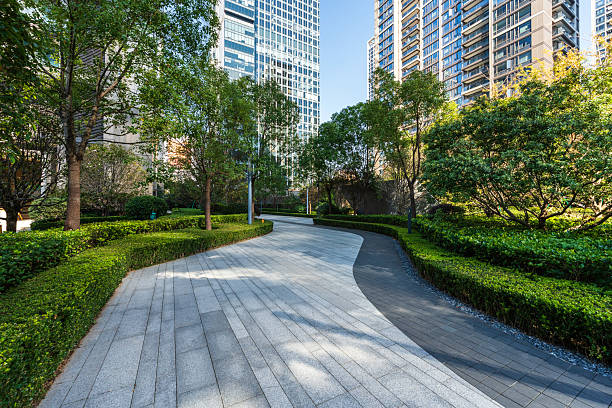 istock city street with modern office building 2257682559
