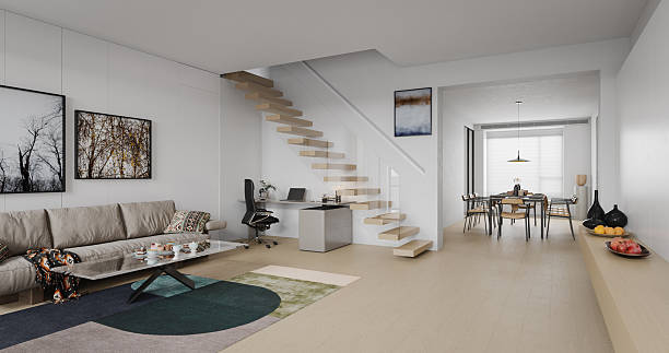 Digitally generated minimalist apartment interior featuring a neutral-toned living room, home office nook under a floating staircase, and a dining area in the background. Clean lines, soft daylight, and Scandinavian-inspired decor create a calm, contemporary home.