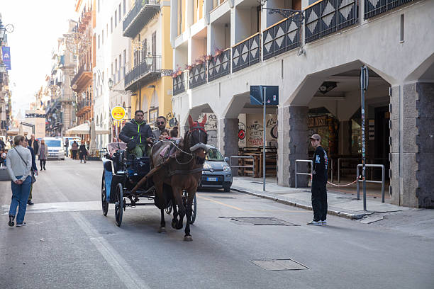 Palermo, Italy - December 25, 2025: A horse and carriage for tourists is walking on street in Palermo. Some people are walking in sidewalk.