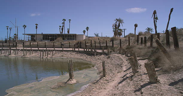 An abandoned Marina structure adjacent to the Salton Sea in California.