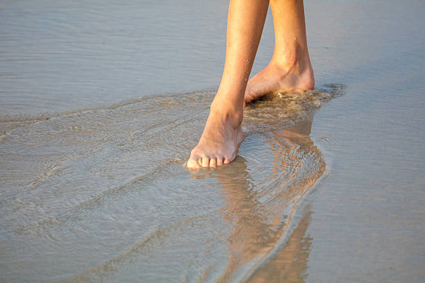 A person's feet are in the water. The water is brown. The person is walking on the beach