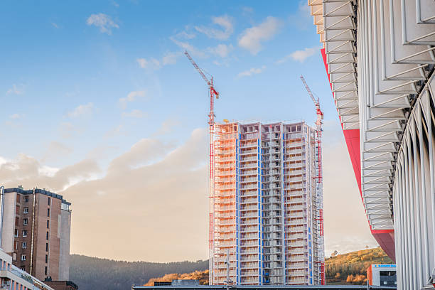 San Mames Stadium Exterior With White Panels, Residential Skyscraper Under Construction, Bilbao
