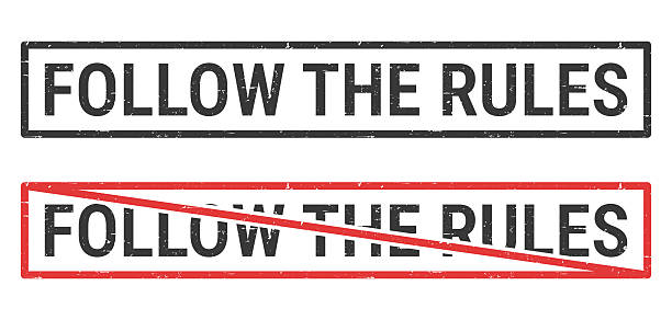 Follow the Rules. Rubber stamps for your own design, isolated on a blank background. The first stamp is in black ink. The second stamp is in red ink with the text in black. The text is crossed out with a red line, it is an exclusion or prohibition stamp. The rubber stamps have a slight grunge texture. Vector Illustration (EPS file, well layered and grouped). Easy to edit, manipulate, resize or colorize. Vector and Jpeg file of different sizes.