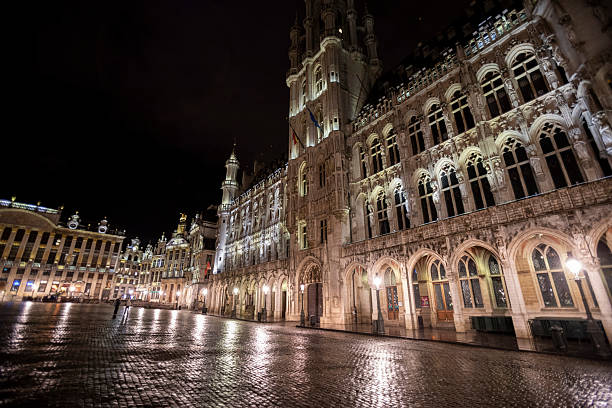 Grand Place in Brussels - photographed in winter about one hour before dawn. The square, which includes Brussels Town Hall,  is encircled by elegant historic buildings dating back to the 14th century. It has been a UNESCO World Heritage Site since 1998