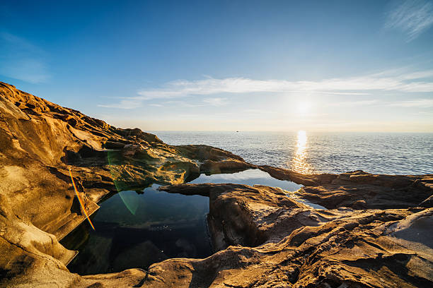 Rocky coastline with natural tide pools reflecting sunlight during a beautiful sunset over the ocean horizon