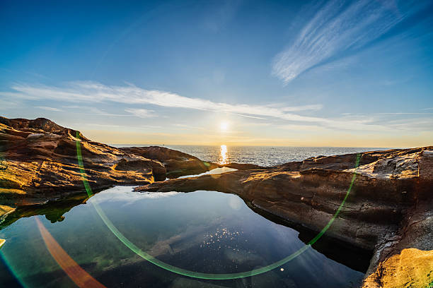 Sun is setting over the ocean, casting a golden glow and creating a sunlit path on the water, reflecting into a calm rocky tide pool