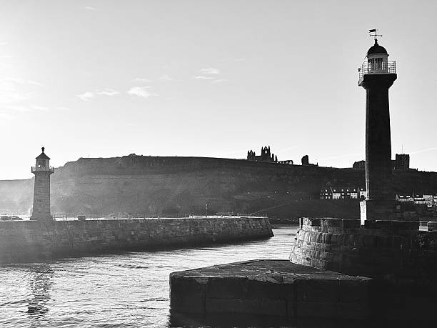 Lighthouses and Whitby in North Yorkshire on a sunny day