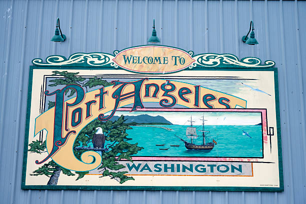 Port Angeles, USA - August 6, 2025. Welcome to Port Angeles sign on wall, Port Angeles, Washington, USA