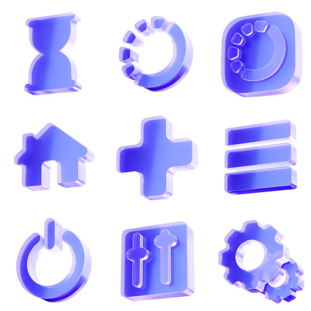 Set 3D Glass hourglass loading home plus menu power settings gear icon on transparent background, web navigation and control panel. Transparent Liquid Glass icon. 3D render