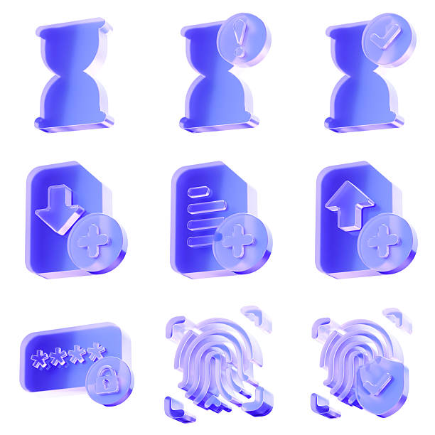Set 3D Glass hourglass file document password and biometric scan icon isolated on transparent background concept of data processing and privacy. Transparent Liquid Glass icon. 3D rendering.