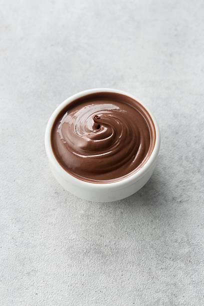 Chocolate hazelnut spread Chocolate hazelnut spread in a white sauce bowl on a grey background. View from an angle