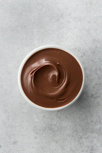 Chocolate hazelnut spread in a white sauce bowl on a grey background. Top view