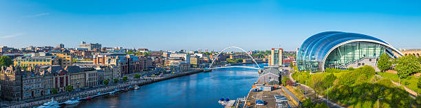 Aerial panorama over the River Tyne, Newcastle quayside and Gateshead Millennium Bridge, Tyne and Wear, UK.
