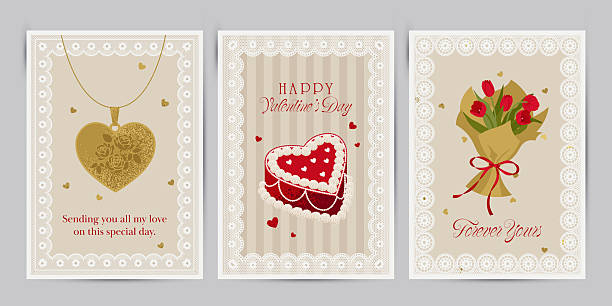 Valentines cards with a bouquet, cake, and gold locket. Vector illustration in flat style