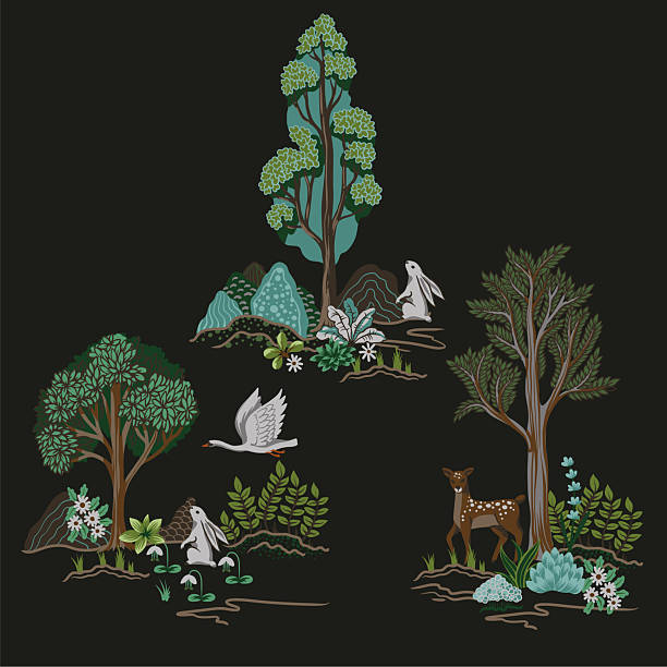 Rustic trees, animals and plants isolated. Vector