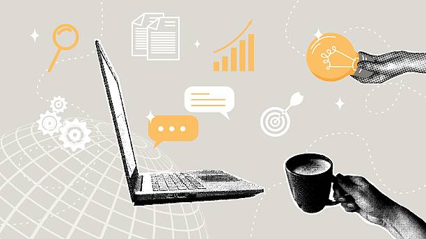 Remote work, business ideas, and increased productivity. A trendy halftone collage. Concepts for analysis, communication, and digital projects. Vector illustration
