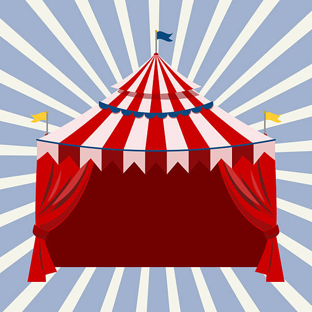 istock Iconic cartoon circus tent vector with bold striped canopy, grand entrance framed by crimson drapes, nautical flags on summit. Energetic backdrop of converging light beams on azure sky 2257768938