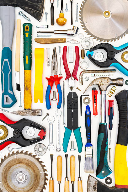 istock Flat lay of new and used hand tools on white background. 2257772868
