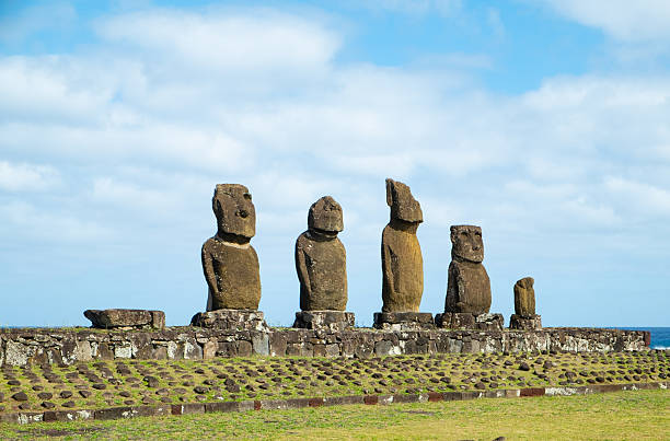 Majestic Easter Island Moai Statues at Rano Raraku. Rano Raraku, Rapa Nui National Park, Hanga Roa, Easter Island, Chile.