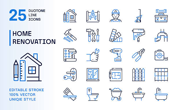 illustrations, cliparts, dessins animés et icônes de ensemble d’icônes de lignes duotones pour rénovation et construction de maisons - rénovation intérieure
