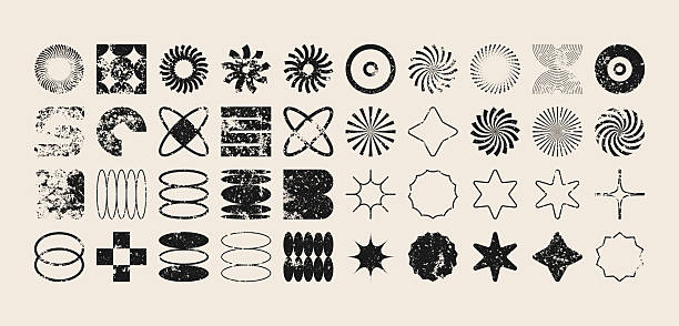 Brutalist geometric shapes, modern grunge symbols. Simple primitive elements and forms, distressed details. Retro design, aged, vintage, trendy contemporary minimalist style, y2k. Vector illustration.