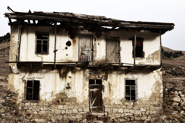 Dying mountain villages (aul) in the Caucasus. Dilapidated houses in winter. Poor farms