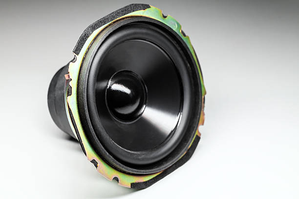 A close-up view of a loudspeaker driver featuring a glossy black cone, colorful metallic rim, and foam surround. Ideal for illustrating audio technology, sound systems, and speaker components
