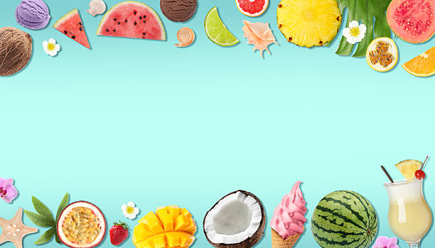 Summer vibe card or party invitation with space for text. Frame of different fruits on light blue background