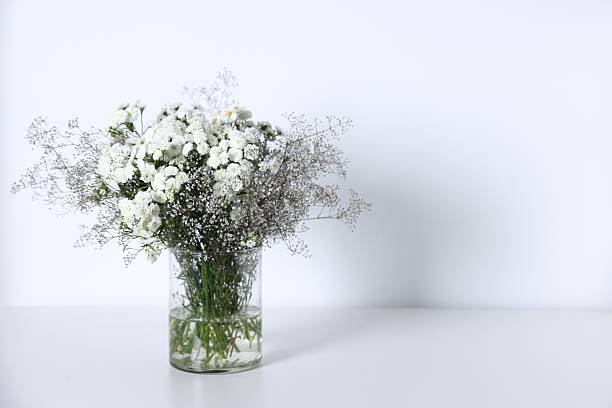 Beautiful flowers in vase on white table, space for text