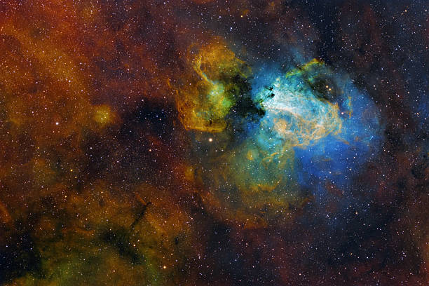 The Omega Nebula  (M17, NGC 6618, Swan Nebula) is the large hydrogen, sulfur and oxygen gas and dust cloud in the constellation of Sagittarius. The open star cluster consists of stars being formed from the nebula. Amateur image, total exposure time (Ha, OIII, SII): 13h, HST palette image.