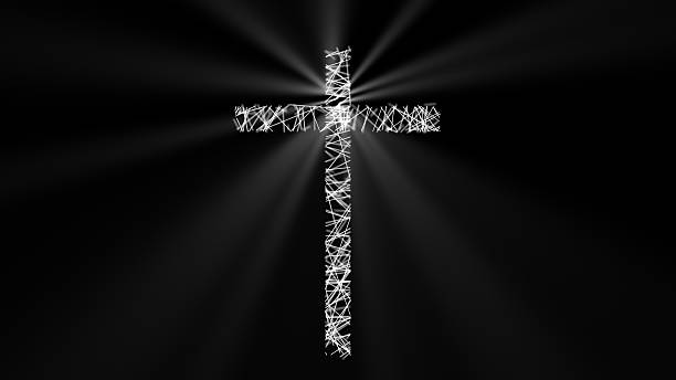 A dramatic Christian cross created from intersecting beams of white light emerging from deep darkness. The luminous rays form a powerful spiritual symbol, representing faith, hope, salvation, and divine presence. Ideal for themes related to Christianity, worship, prayer, Easter, religion, spirituality, and inspirational concepts.