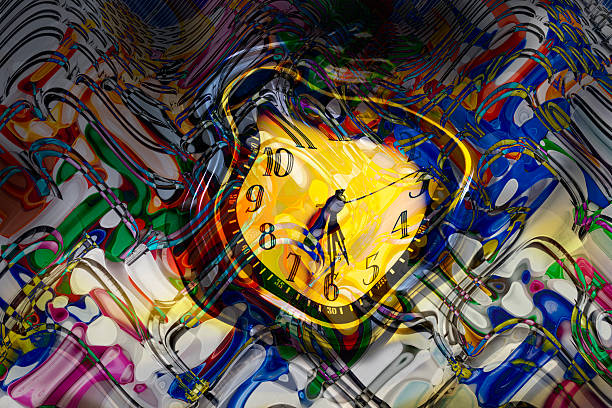 Surreal conceptual artwork featuring a distorted vintage alarm clock surrounded by vivid abstract color waves and fluid digital deformation. The warped clock face and swirling patterns create a dreamlike, psychedelic atmosphere, symbolizing time slipping away, uncertainty, chaos, and altered perception.