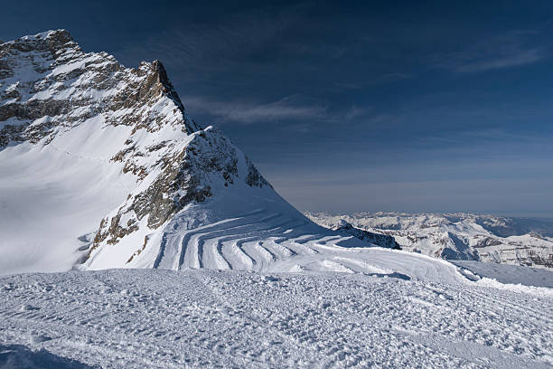 Majestic view of the Jungfrau Glacier and surrounding snow covered peaks in the Swiss Alps above Grindelwald. Pristine alpine landscape with dramatic rock faces, glaciers, and clear blue sky, showcasing the natural beauty of one of Europe’s most iconic mountain regions. Ideal for travel and tourism advertising, destination marketing, outdoor adventure, climate and environment themes, and premium nature backgrounds.