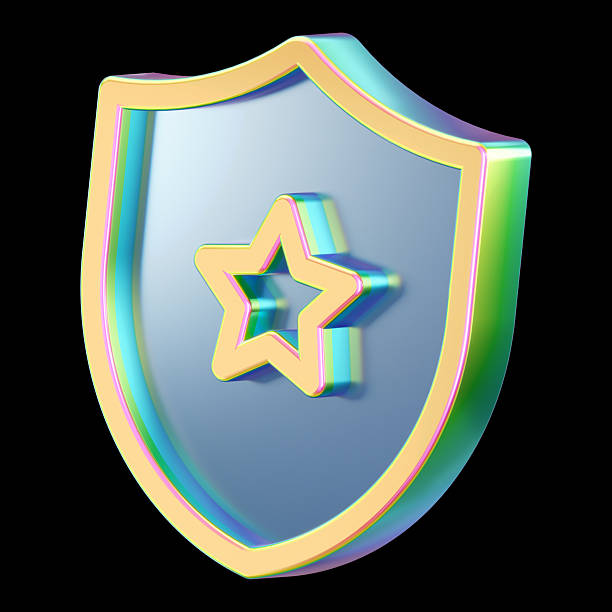 A vibrant, iridescent shield emblem features a golden star at the center, symbolizing protection, achievement, and trust. Ideal for awards, security services, and brand badges in digital and print use.