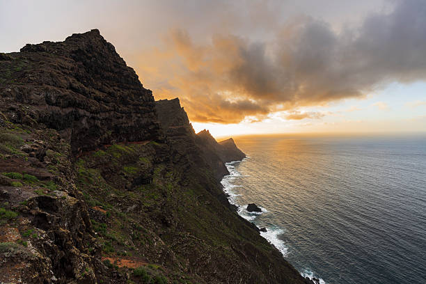 Stunning sunset over the beautiful cliffs along the volcanic coastline of Gran Canaria, Canary Islands, Atlantic Ocean, Spain