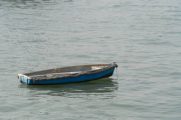 In Mumbai, India, a small blue-and-white rowboat floats alone on calm water, its worn edges and quiet presence reflecting the passage of time. The gentle ripples and soft light evoke a moment of solitude amid the city’s coastal rhythm.