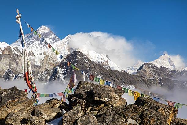istock Mount Everest Lhotse Makalu peak buddhist prayer flags 2257875456