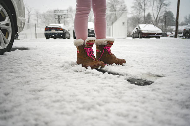 Person standing in warm fur-lined boots on a snowy winter day