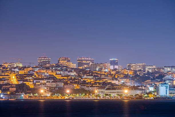 Lisbon Portugal December 24 2025. A wide city view shows residential neighborhoods and modern office towers illuminated at night.